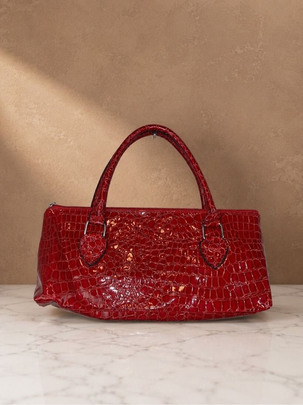 Red Croc Embossed Patent Y2K East West Satchel Handbag